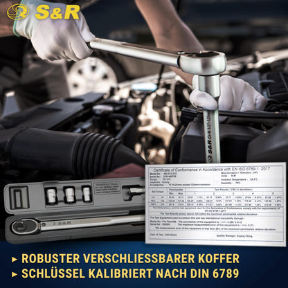 S&R Drehmomentschlüssel Set 1/2 Zoll 28-210 Nm mit 3 Stecknüssen
