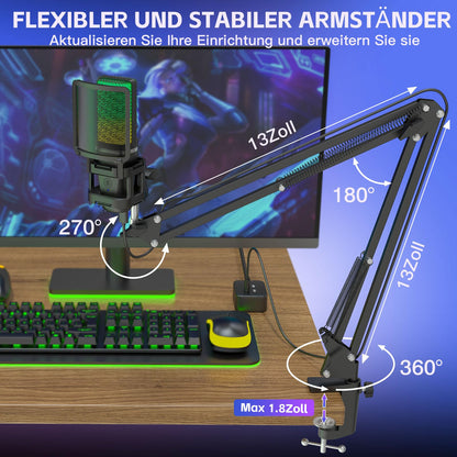 zealsound A68S USB-Gaming-Mikrofon Set mit Boomarm und Tischstativ