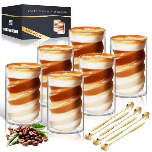 KEHTUNAHT Latte Macchiato Gläser doppelwandig, 400 ml, 6er-Set aus Borosilikatglas mit Edelstahl-Löffeln