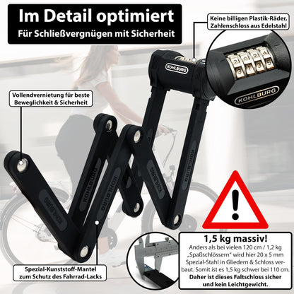KOHLBURG Fahrrad Faltschloss - 110cm Zahlen bolzenschneidersicher