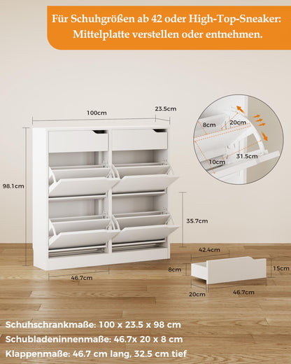IRONCK Schuhschrank mit 4 Klappen und 2 Schubladen, schmal, weiss