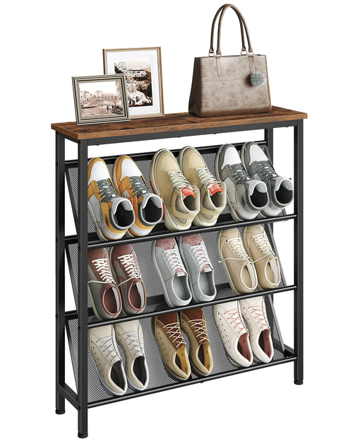 CHOEZON Schuhregal schmal, 4-stufig, Vintagebraun-Schwarz, DTXJ75BF – schräge Metallgitter und Ablage aus Spanplatte