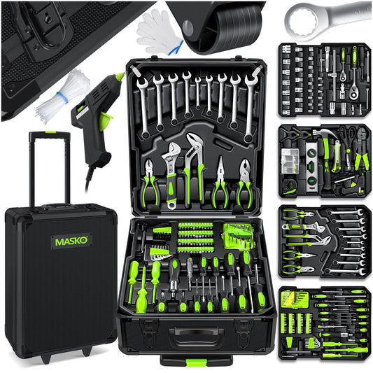 MASKO® Werkzeugkoffer Werkzeugset Gefüllt - 1400-teilig mit Rollen. Schwarzer Rollkoffer enthält 1400 Werkzeuge für Reparaturen und Montagen.