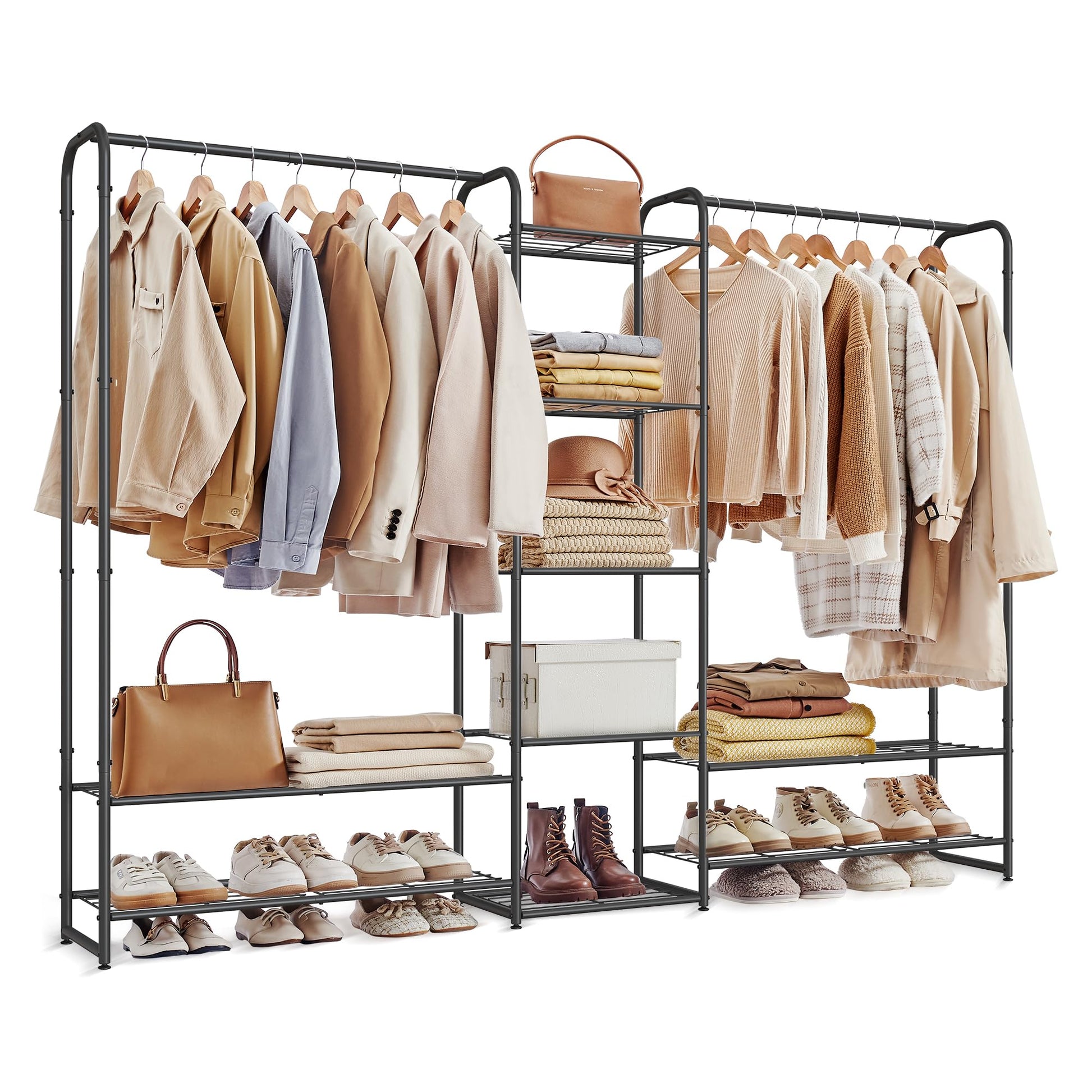 SONGMICS LGR463B01 Kleiderständer – Mattschwarz mit Ablagen. Mit 2 Gitterablagen für Schuhe und Kleiderstange.