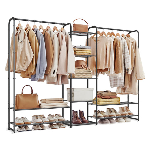 SONGMICS LGR463B01 Kleiderständer – Mattschwarz mit Ablagen. Mit 2 Gitterablagen für Schuhe und Kleiderstange.