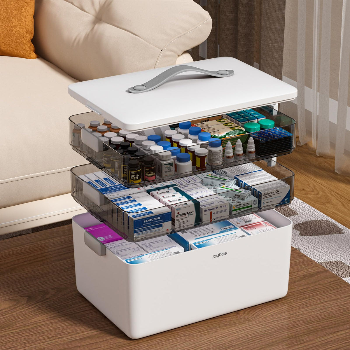 MOPUP Medikamentenbox mit Tragegriff, 4 Ebenen, 34 x 22 x 25.5 cm, PP-Kunststoff
