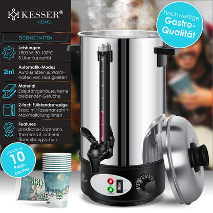 KESSER® Glühweinkessel 8L Edelstahl - Inkl. 10 Becher