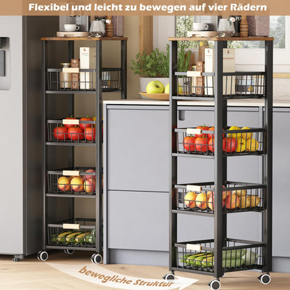 Küchenwagen Gemüseregal 5 Etagen, stapelbar, Rollen – Schwarz