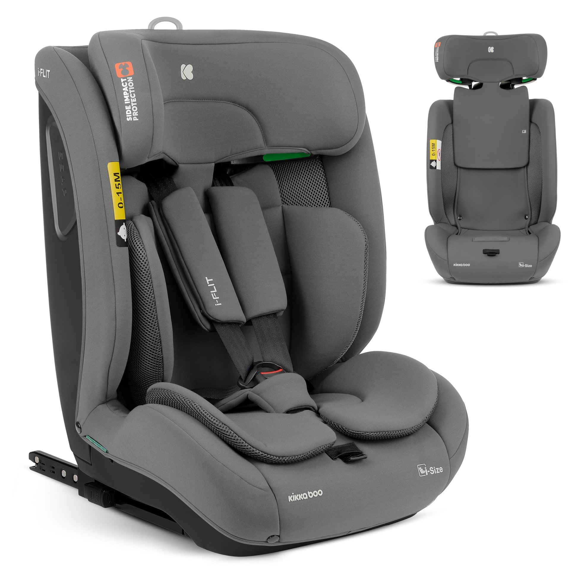 KikkaBoo i-Size i-FLIT Kindersitz ISOFIX 76-150 cm Hellgrau. Ergonomisch, hellgrau geformt, sichert Kinder 76-150 cm im Auto.