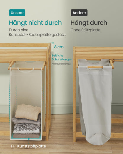 SONGMICS Wäschekorb mit 3 Fächern, Bambus, 150 L, cremeweiss