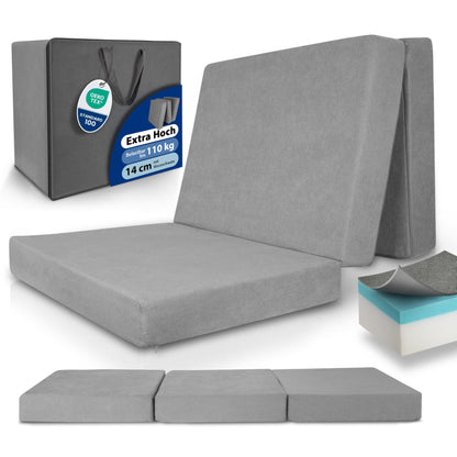 Beautissu Premium XL Klappmatratze Gästebett Visco 90x200cm Grau. Graue, faltbare Visco-Matratze für temporäre Gästeunterkunft.