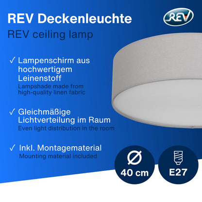 REV Deckenleuchte rund 40 cm, Stoff-Lampenschirm im Vintage-Look, grau