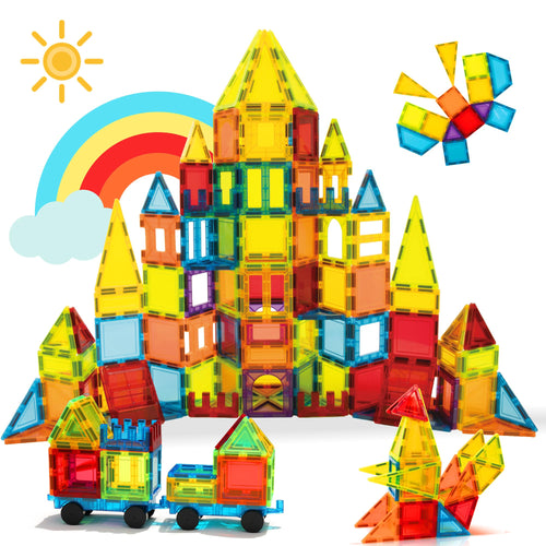 W Wise Block Magnetische Bauklötze 131 Stück mit 2 Autos, Magnetsteine in Regenbogenfarben