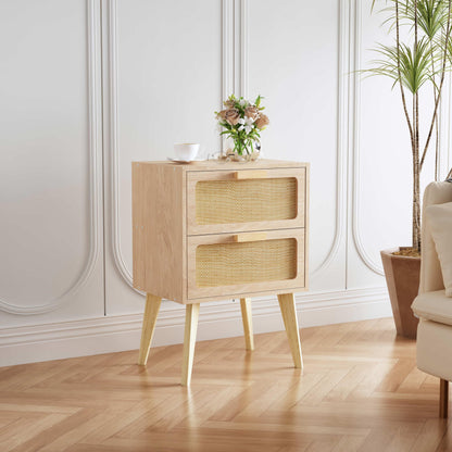 YAUKOMEL Rattan-Nachttisch mit 2 Schubladen, Beistelltisch, Natur
