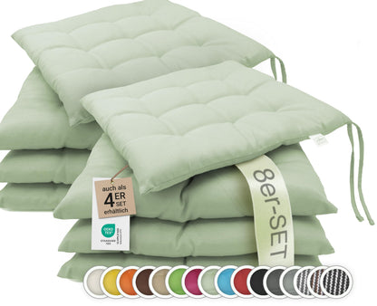 ZOLLNER Sitzkissen 8er Set 40x40 cm mit Bindebändern, lindgrün – Stuhlkissen aus Baumwolle und Polyester