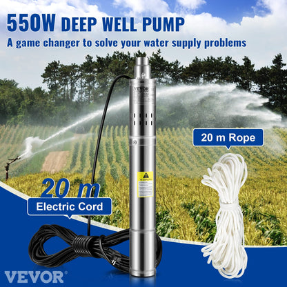 VEVOR Tiefbrunnenpumpe 550 W Tauchpumpe, 35 L/min, 108 m Förderhöhe