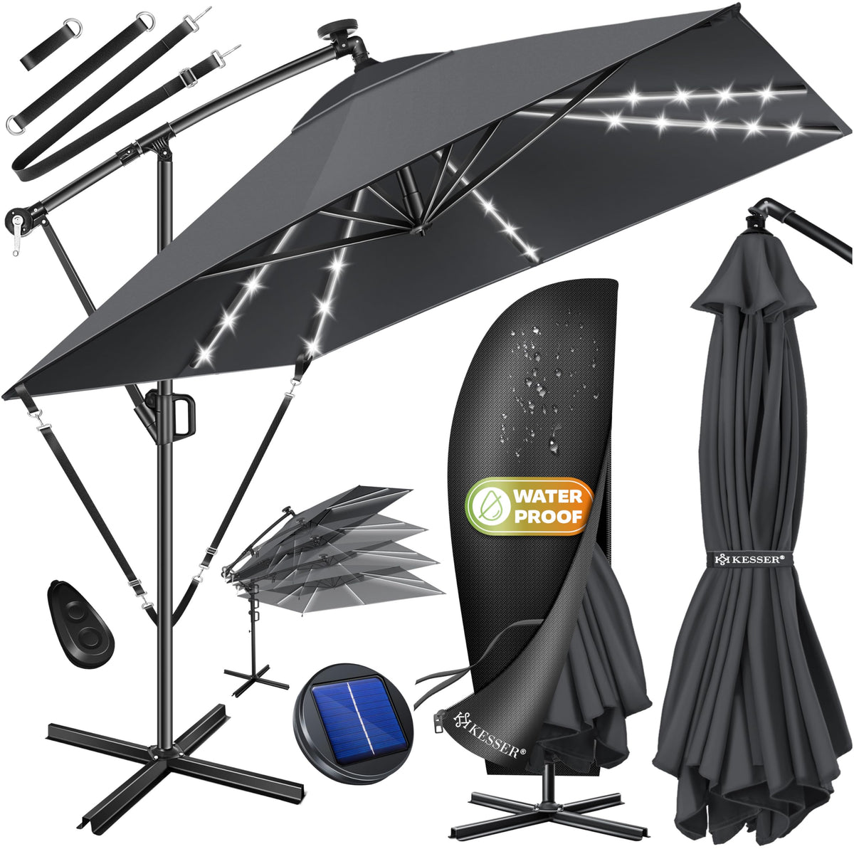 KESSER Ampelschirm rechteckig mit Kurbel 250 x 250 cm Anthrazit, Aluminiumgestell und Polyesterbespannung
