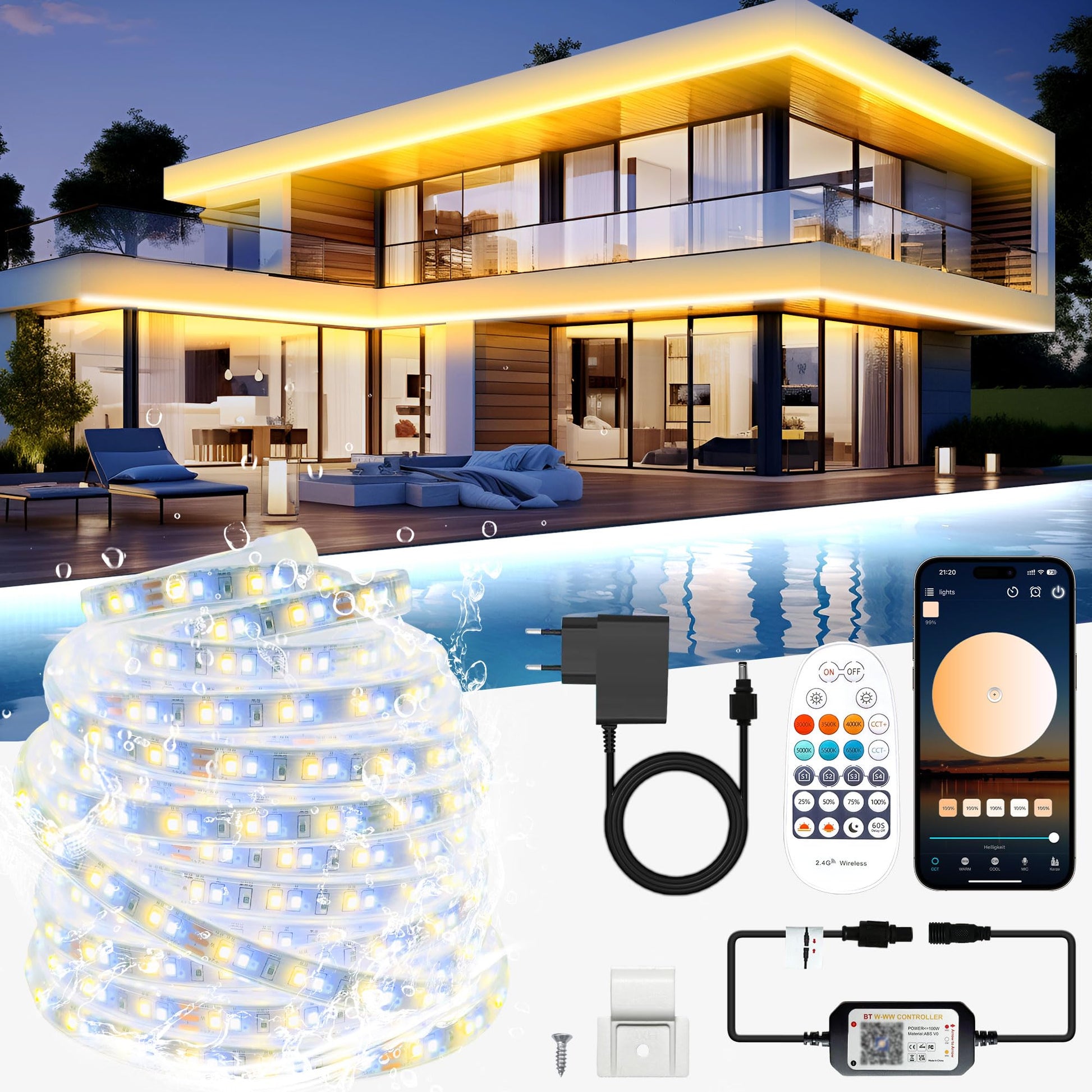 TENDIST LED Streifen Outdoor 20m warmweiss-kaltweiss IP67 dimmbar, wasserdichtes Lichtband mit Fernbedienung
