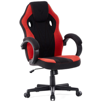 SENSE7 Prism Ergonomischer Gaming Stuhl in schwarz-rotem Stoff. Bietet ergonomische Unterstützung für lange Spielsitzungen.