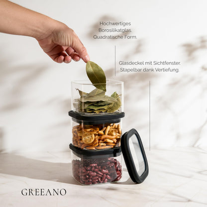 Greeano Vorratsgläser eckig mit Glasdeckel 400 ml 6er Set