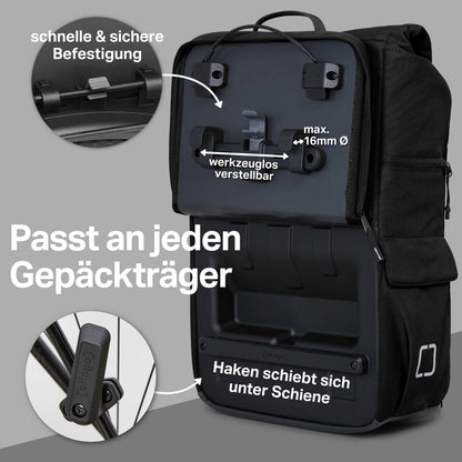 otinga® Flip V3 Fahrradtasche Rucksack [34L Volumen] für jeden Gepäckträger I Stylische Gepäckträgertasche mit Rucksack - in 3 Sekunden umgebaut I Wasserdichter Fahrradrucksack Gepäckträger