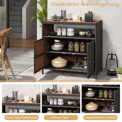 COSTWAY Gartenschrank Rattan mit Akazienholz-Arbeitsplatte, Braun