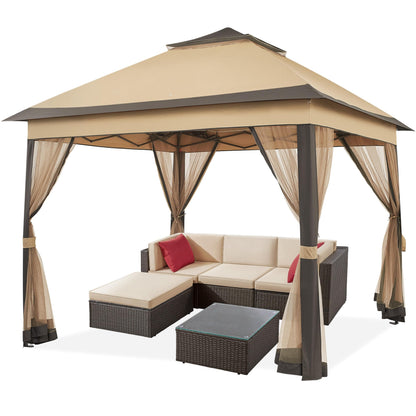 Yaheetech Faltpavillon 3,3x3,3 m wasserdicht mit Moskitonetz khaki, Doppeldach und Mesh-Seitenwände
