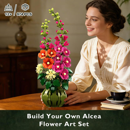 CUBIMANA Botanicals Alcea Rosea Blumen Bauset mit Vase, 974 Teile