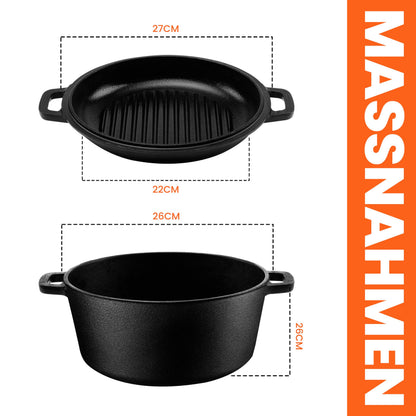 KICHLY Dutch Oven Gusseisen 4,7 Liter mit Grillpfannendeckel