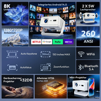 Xgody A1 Smart Beamer 720P Projektor mit WiFi 6 & Bluetooth 5.4
