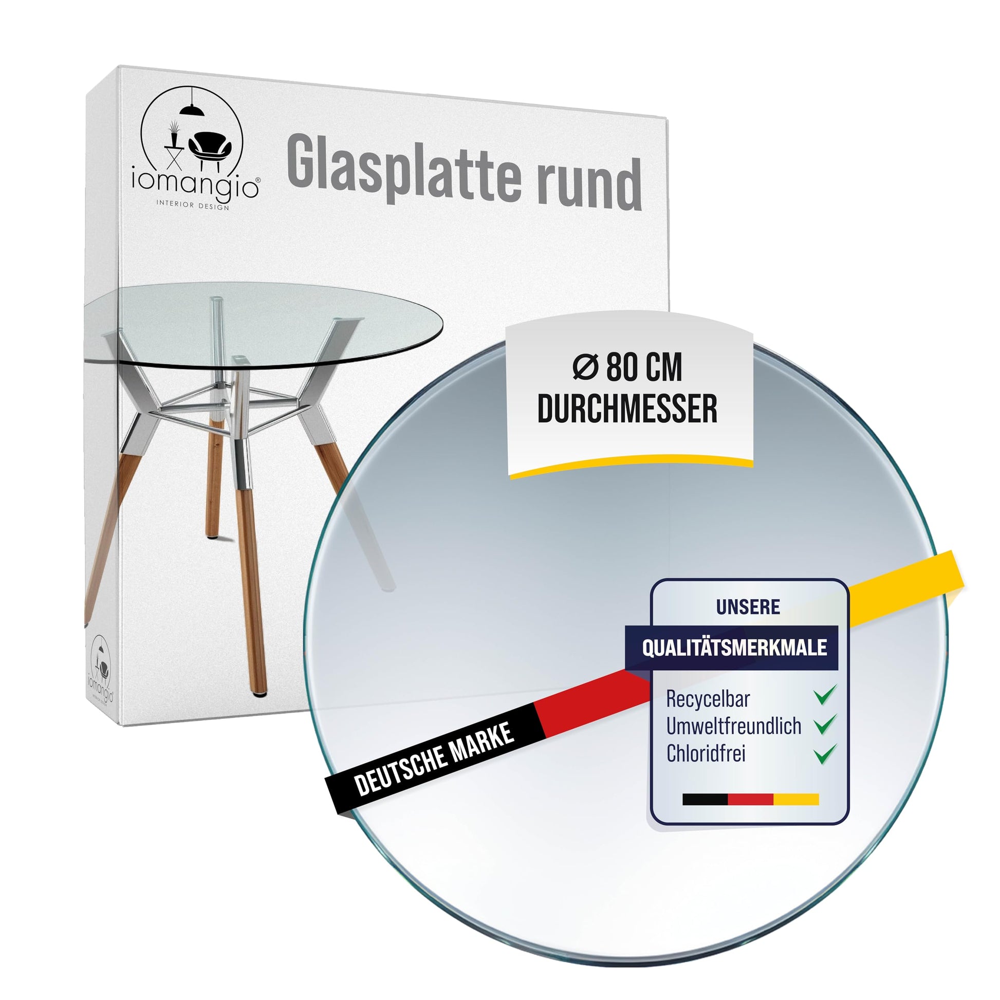 iomangio® Glastischplatte Rund Ø 80 cm – ESG Sicherheitsglas 8mm, Klarglas. Dient als Tischplatte zum Schutz/Ersatz.
