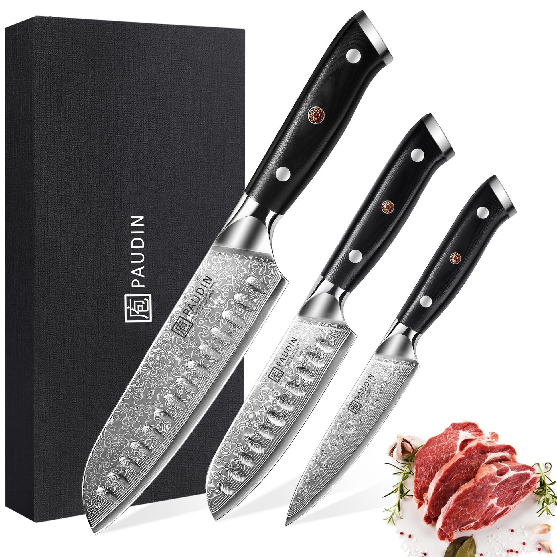 PAUDIN Damast Küchenmesserset 3-tlg. – VG10 Kern, G10 Griff. Drei Damastmesser mit G10-Griffen zum Schneiden.