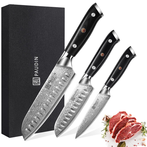 PAUDIN Damast Küchenmesserset 3-tlg. – VG10 Kern, G10 Griff