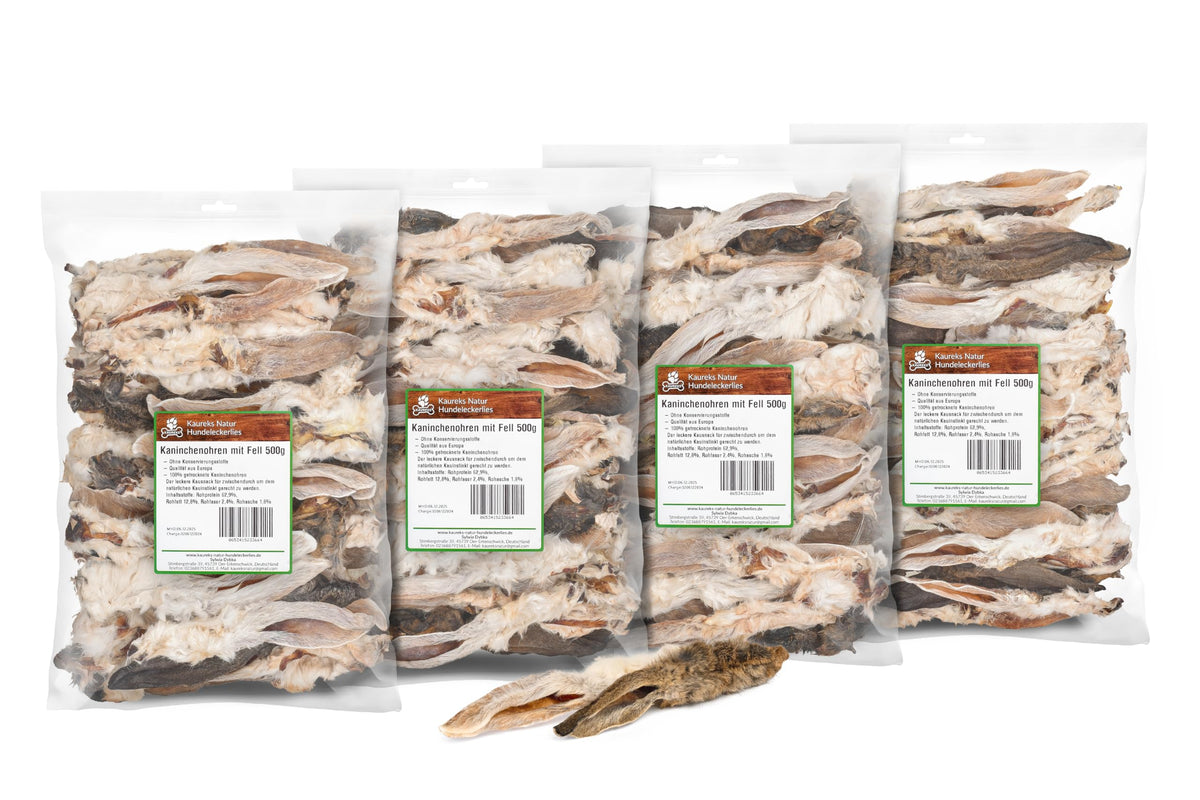 Kaureks Natur Hundeleckerlies Kaninchenohren mit Fell 2 kg – getrocknete Ohren als Kausnack für Hunde