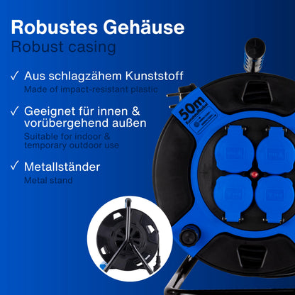 REV Kabeltrommel 50m Outdoor, IP44, 4 Schutzkontaktsteckdosen, blau