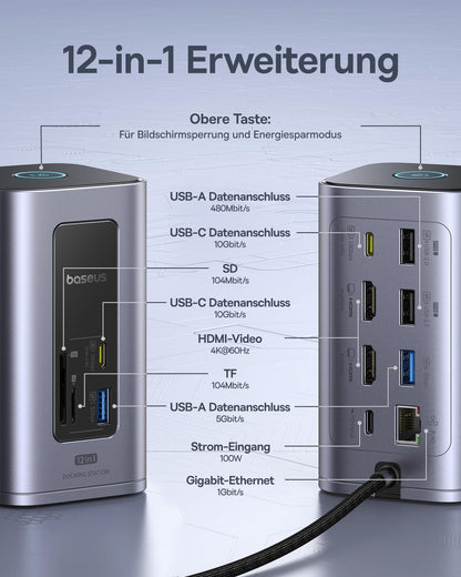 Baseus Nomos Air 12-in-1 Dockingstation USB-C - Dual 4K HDMI