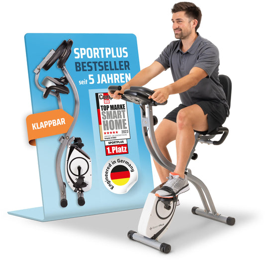 SportPlus Klappbarer Heimtrainer Fahrrad mit Rückenlehne. Kompaktes Heimfahrrad für schonendes Cardio- und Ausdauertraining zu Hause.