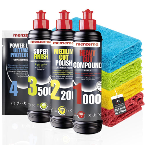 Menzerna Auto Polituren Set mit Heavy Cut, Medium Cut und Super Finish und vier Mikrofasertüchern