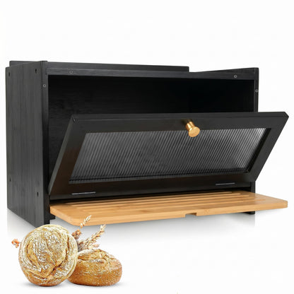 AH Bambus Brotkasten mit Schneidebrett, schwarz, 40 x 26 x 23 cm