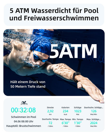Parsonver Smartwatch PSSW9 mit GPS, 5 ATM, AMOLED, Schwarz, 42 mm