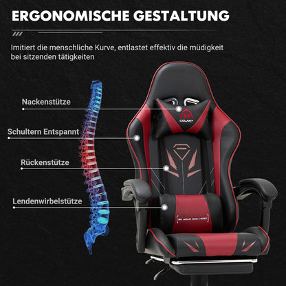 COLAMY Gaming Stuhl mit Fuss- & Lendenwirbelstütze - Rot