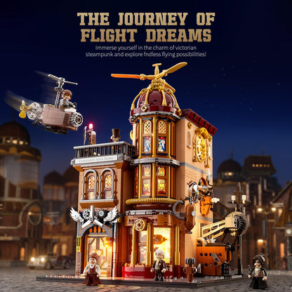 FUNWHOLE Steampunk Flugclub Beleuchtetes Baustein-Set - 1858 Teile