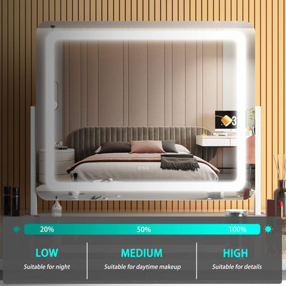 Hasipu Schminkspiegel mit Beleuchtung, 55 x 45 cm LED Kosmetikspiege mit 10x Vergrößerung, 3 Farbtemperatur Licht, Dimmbar, Smart Touch Control Tischspiegel, 360° Drehung, Spiegel für Make-up Weiß