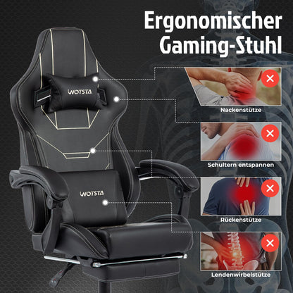 WOTSTA Gaming Stuhl ergonomisch mit Fussstütze, schwarz