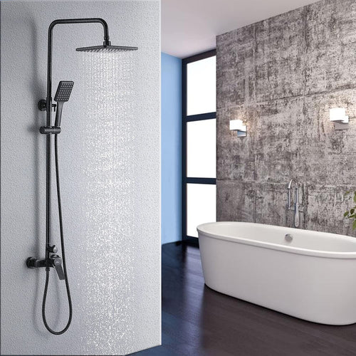 Auralum Duscharmatur Komplettset Schwarz – Höhenverstellbar. Schwarze Thermostat-Duscharmatur mit Regen- und Handbrause sowie verstellbarer Brausestange für die Dusche.