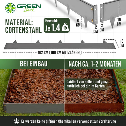 GREEN Spark Cortenstahl Rasenkante – 10x 1m Schneckenschutz