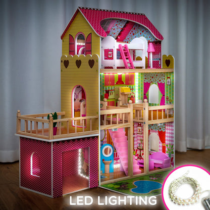 Kinderplay Puppenhaus Holz Villa 3 Etagen – Gross LED 90cm