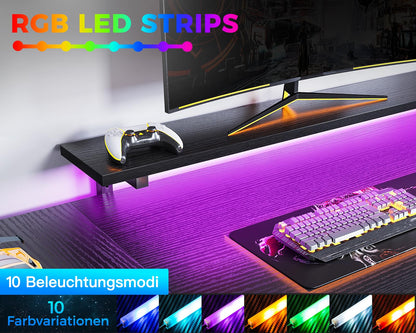 ODK Gaming Eckschreibtisch – reversibel, LED, USB, schwarz