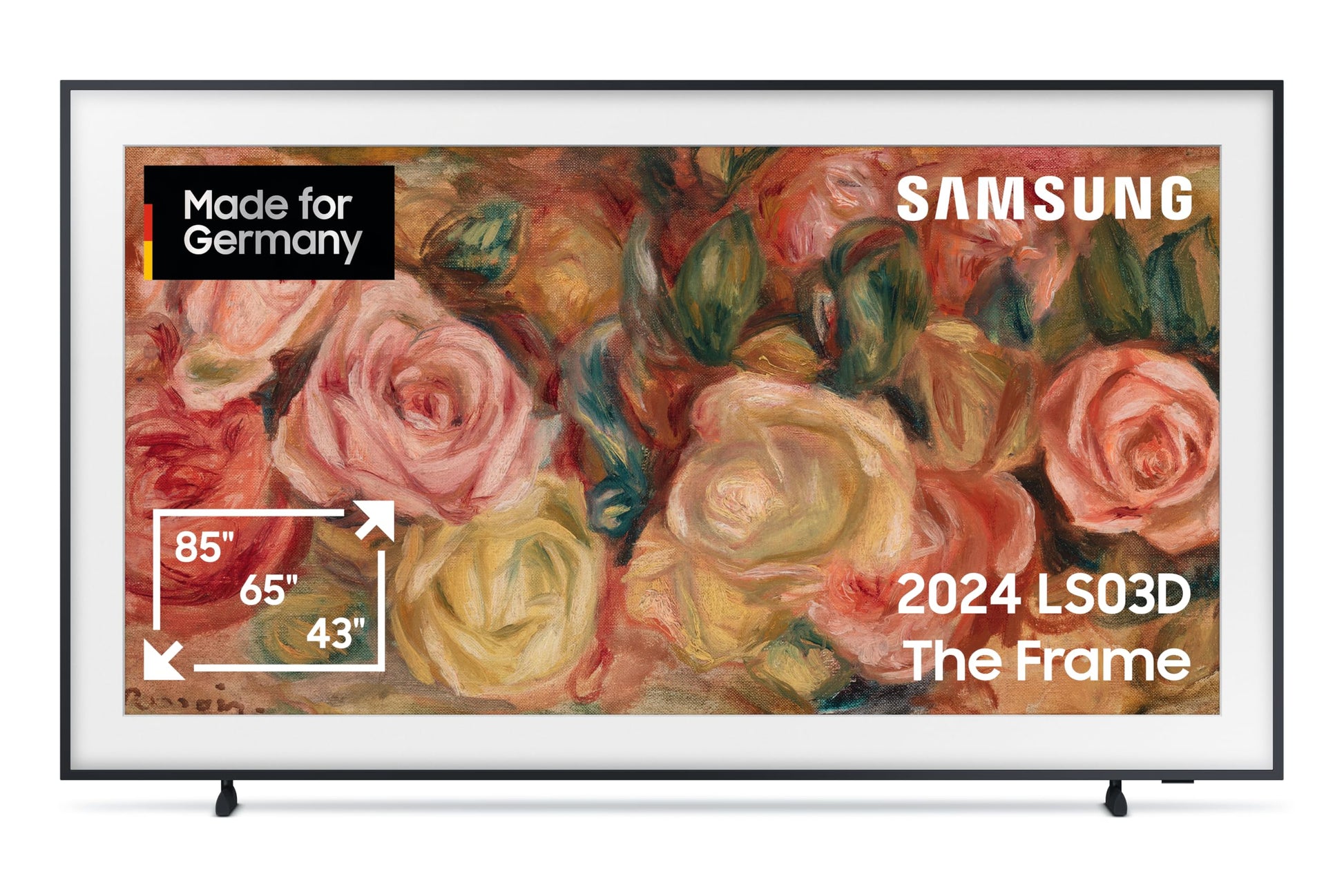 Samsung The Frame GQ43LS03DAUXZG, ein flacher 43-Zoll 4K QLED TV mit mattem Display. Er zeigt digitale Inhalte und Kunstwerke.