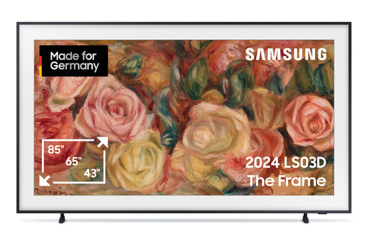 Samsung The Frame GQ43LS03DAUXZG, ein flacher 43-Zoll 4K QLED TV mit mattem Display. Er zeigt digitale Inhalte und Kunstwerke.